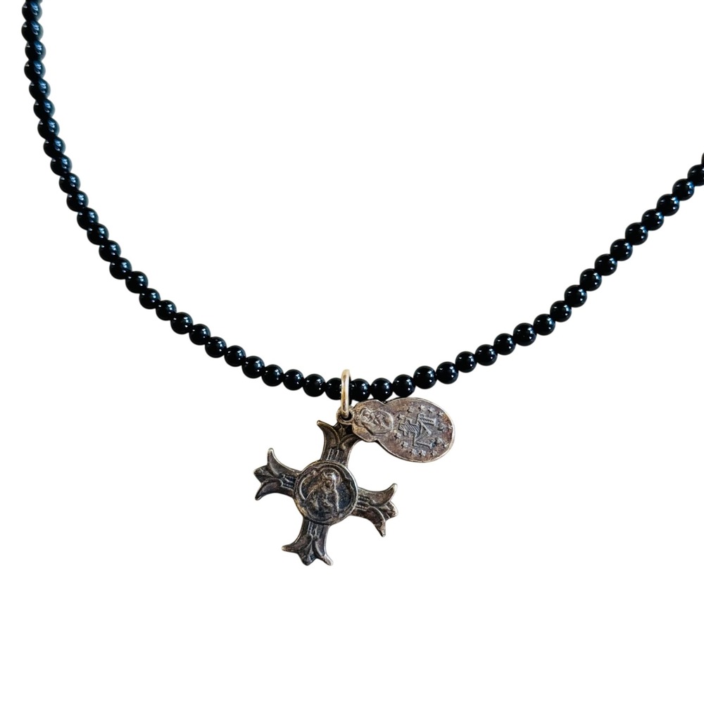 VSA Virgins Saints & Angels Medal Cross Necklace Onyx Beaded Gold Filled 19"